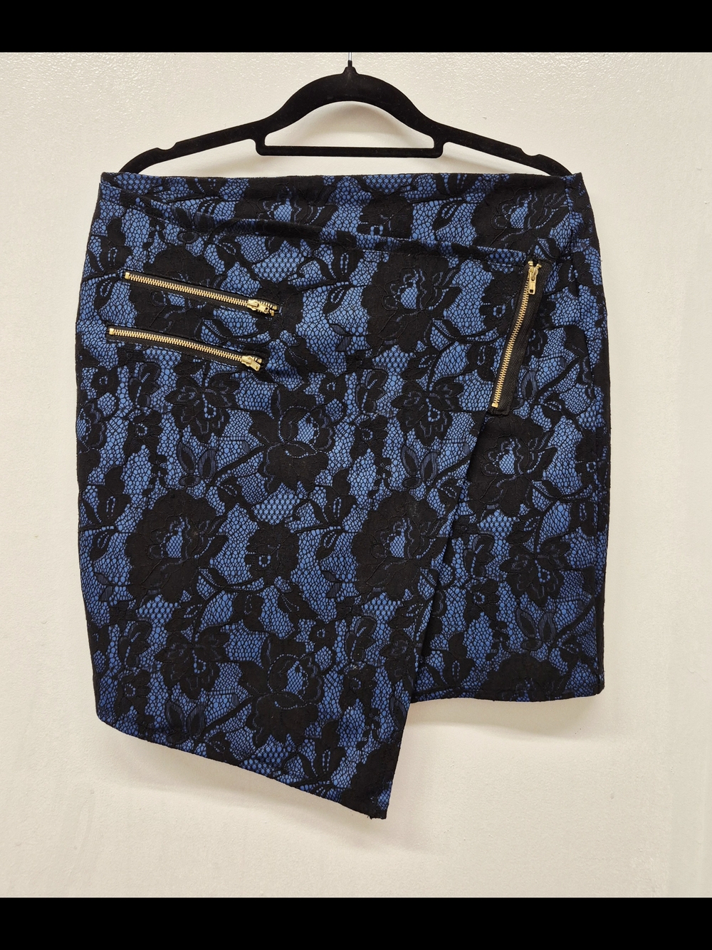 Material Girl Blue and Black Floral Lace Asymmetrical Skirt with Gold Zippers